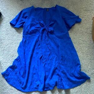 Shein Curve 1x Royal Blue Fit and Flare Dress Flutter Sleeves V Neck Bow Knot